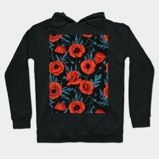 Poppies, red and blue on black Hoodie